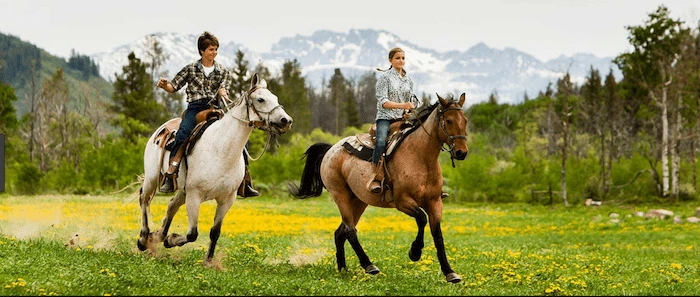 Confident plus-size woman riding Hatfield a horse through a field with a smile on her face.